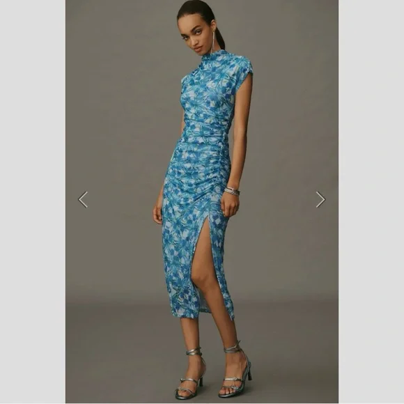 Anthropologie The Maya Ruched Cowl-Neck Dress Mesh Edition Blue Floral Dress - Picture 16 of 16